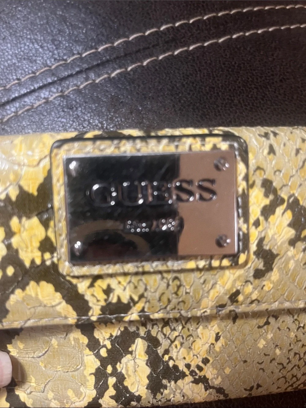 Guess Yellow Brown Faux Snake Print Wallet Clutch Animal Print Neutral Classic